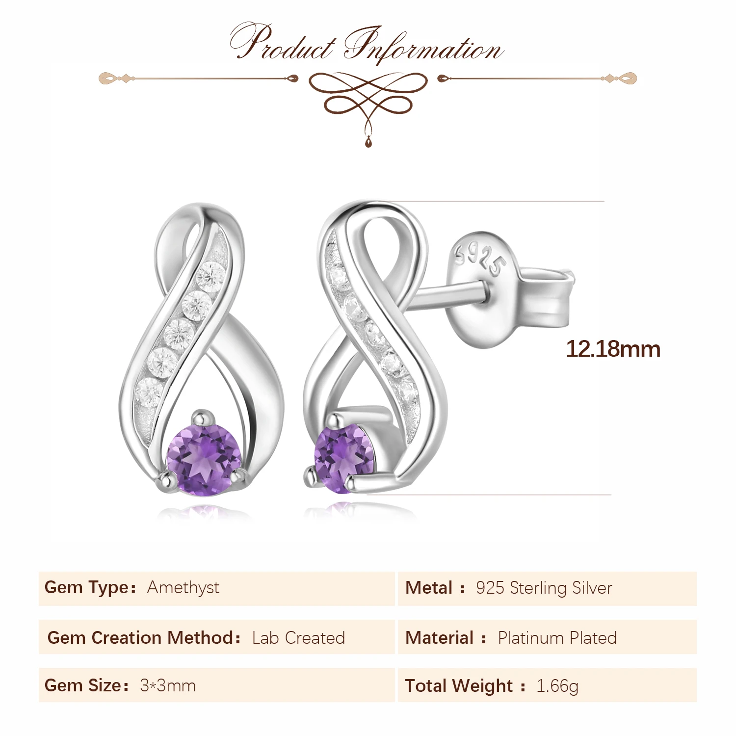 Potiy Infinity Genuine Natural Purple Amethyst 925 Sterling Silver Stud Earrings for Women Fashion Gemstone valentines day gift