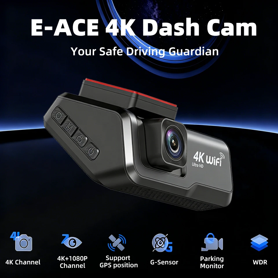 E-ACE 4K Dash Cam WIFI GPS Camera Optional 1080P Rear Dash Black Box For 24H Parking Mode/Time-lapse Recording/Collision Sensing