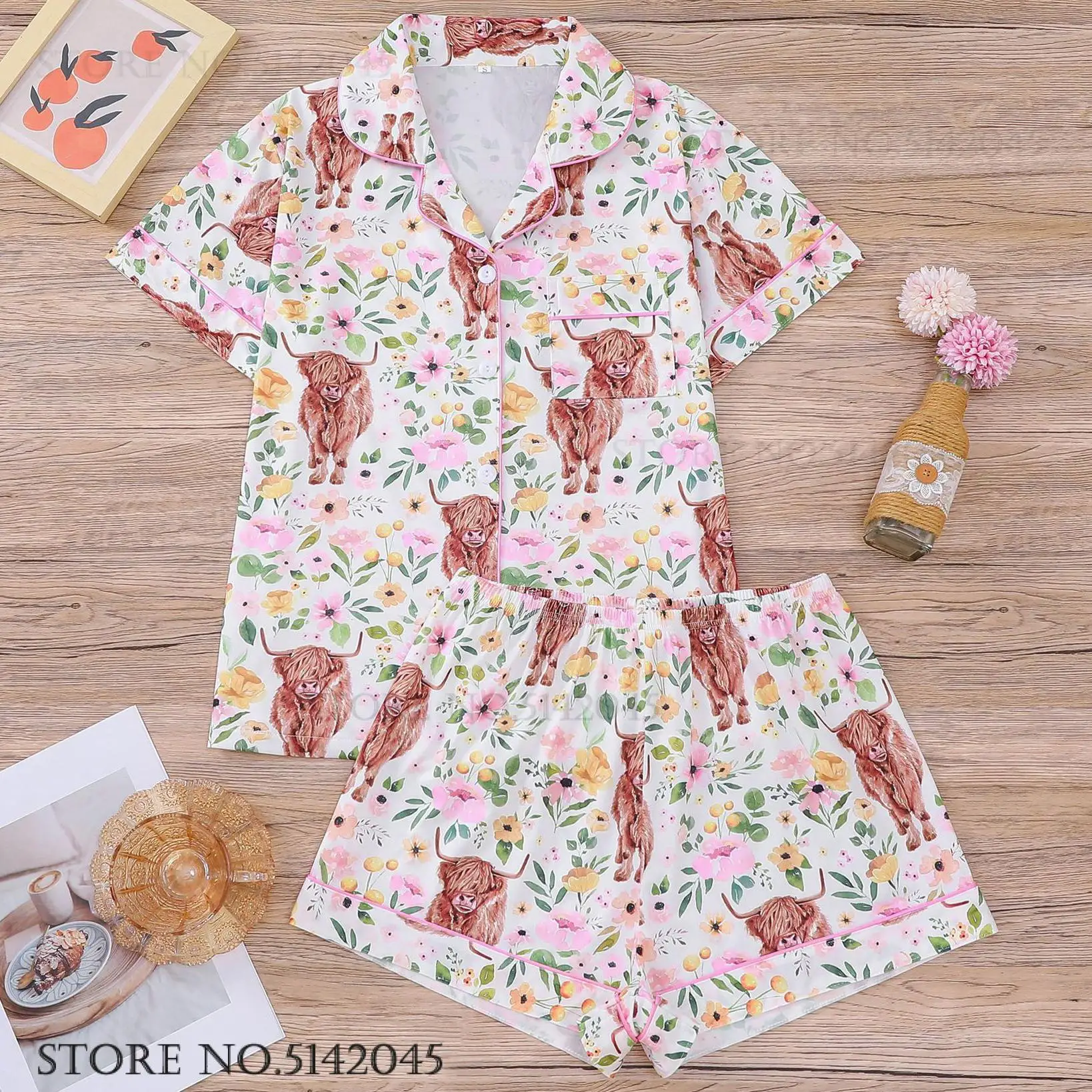 

Female 2Pcs Pijamas Suit Short Sleeve Shorts Home Clothes Fashion Print Flower Sleepwear Pjs Lingerie Loose Casual Pajama Set