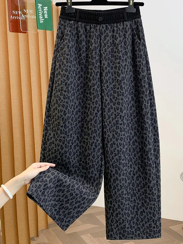 Retro High Waist Wide Leg Casual Pants Women's plus Size Autumn Lazy Slimming Leopard Print Patchwork Trousers Fashionable