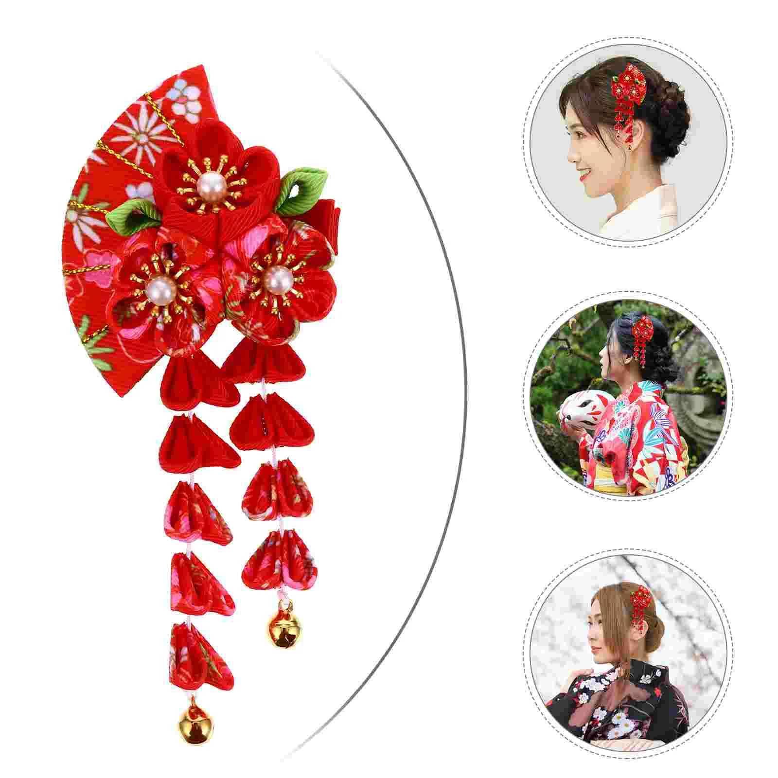 Accesorio para el cabello con campana y borlas, Clip para niños, abanico de estilo japonés, decoración creativa, tocado de plástico con forma