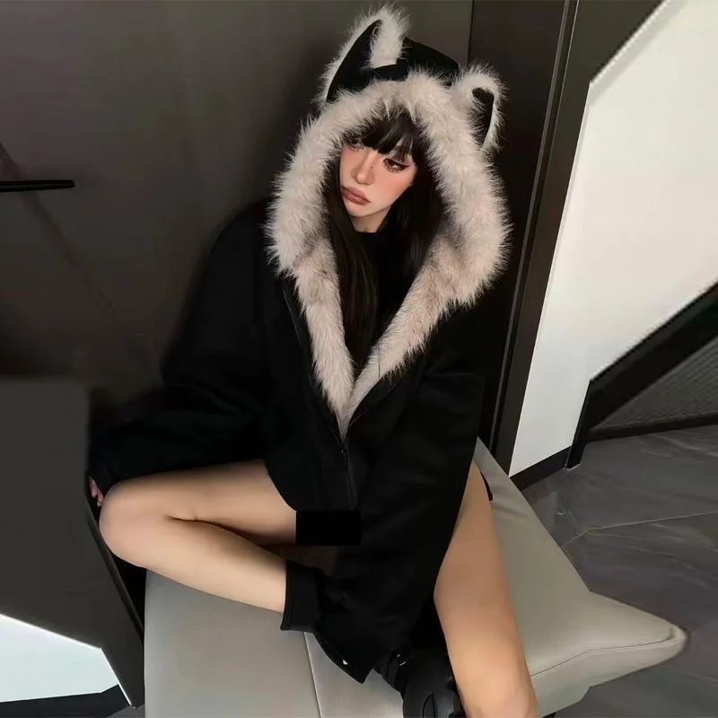 

Korean Sle Thiened Ear Cotton Jaet Women's plus Size Autumn Winter Coat Fluffy Cute Long Hooded Daily Wear Polyeste...