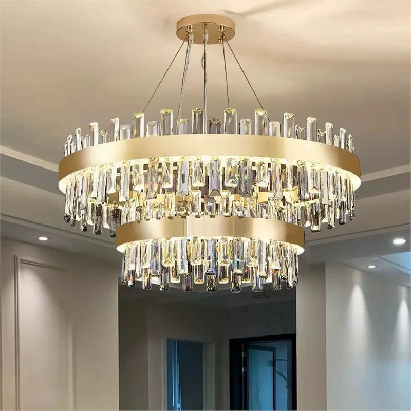 Double Layer Round Ceiling Light Chandelier Luxury Golden Crystal Living Room Bedroom Dining Room Decor Pendant Lights Fixture