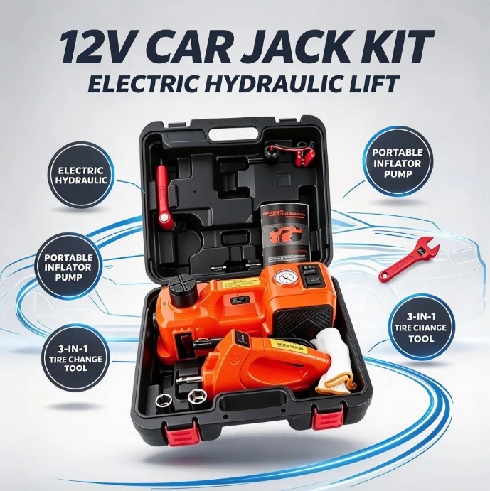 12V Electric Hydraulic Car Jack Portable Tire Inflator Pump 3 in 1 Vehicle Emergency Wheel Change Lifting Tool Kit for Auto SUV
