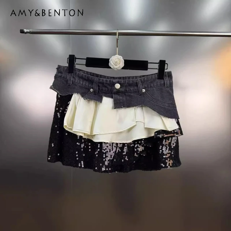 

Original Design Black Personalized Sequined Splicing Women's Skirt 2025 Summer New Fashion Cool Girl Style Denim Skirts Ladies