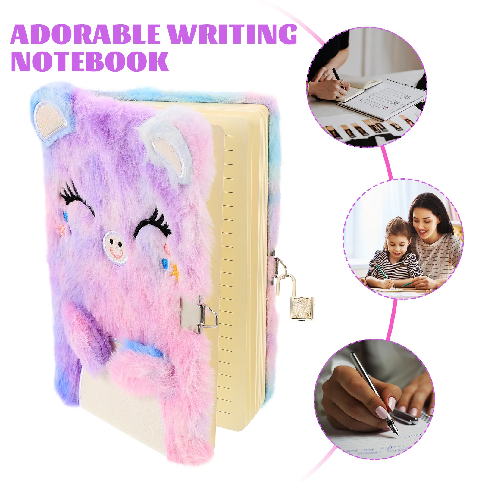 Cahier de bureau moelleux avec serrure pour filles, couverture en peluche, journal étudiant, dessin animé, papier métallique, écriture mignonne