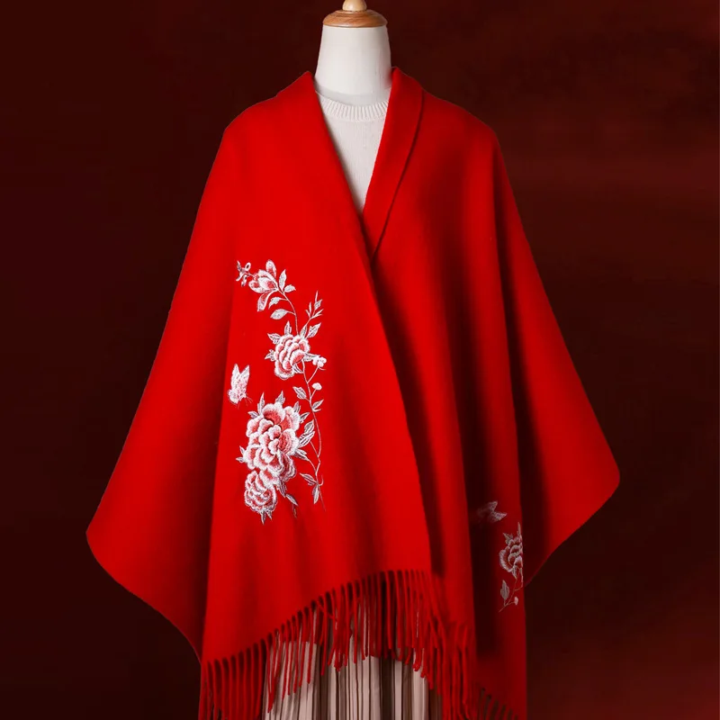 

100% Wool Embroidery Shawls Female Designer Women Winter Scarf Pashmina Flower Bufandas Foulard Warm Hijab Wraps Travel Stoles