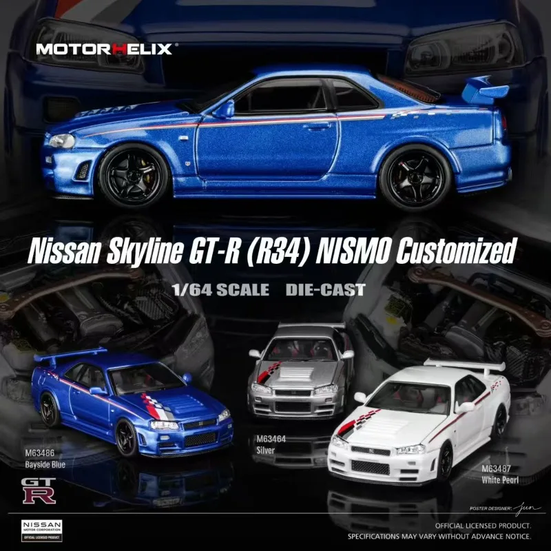 MOTORHELIX 1:64 Nissan GTR R34 NISMO Customized Alloy Model Car, a gift toy for friends, a collection decoration item.