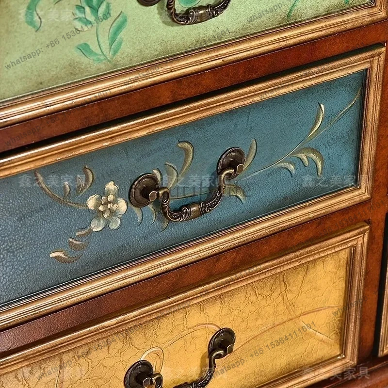 3American rural solid wood dining side cabinet pastoral painted storage six-bucket cabinet home sofa partition side cabinet