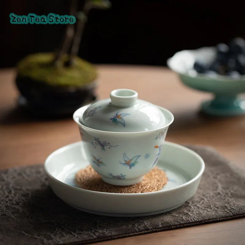 Ancient Green Glaze Butterfly Flower Two Cover Bowl Single Kung Fu Ceramic Tea Set Ladies Small Zen Tea Bowl Not Hot