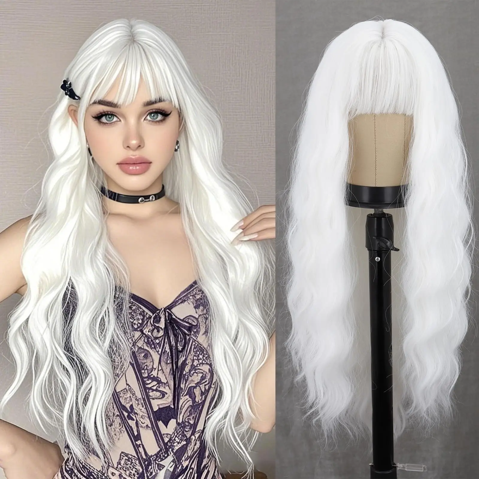 White wavy curly hair synthetic wig, Halloween cosplay character costume wig, daily wig, hot-temperature silk wig set