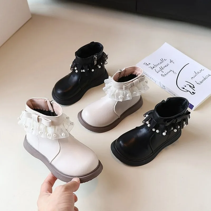 Girls' Princess Short Boot 2024 Autumn/Winter New White Lace Single Boots Children's Soft Soled Boots Girls' Leather Boots