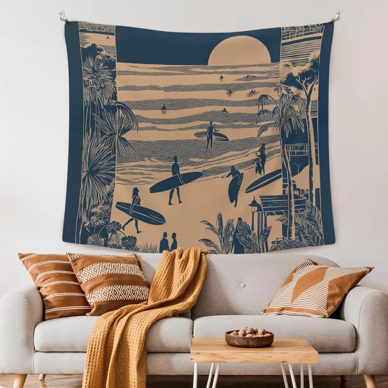 VIKAMA Beach Trendy Wandteppich im Küstenstil, Retro-Wandteppich mit Surf- und Sommer-Meeresmotiv, Heimdekoration