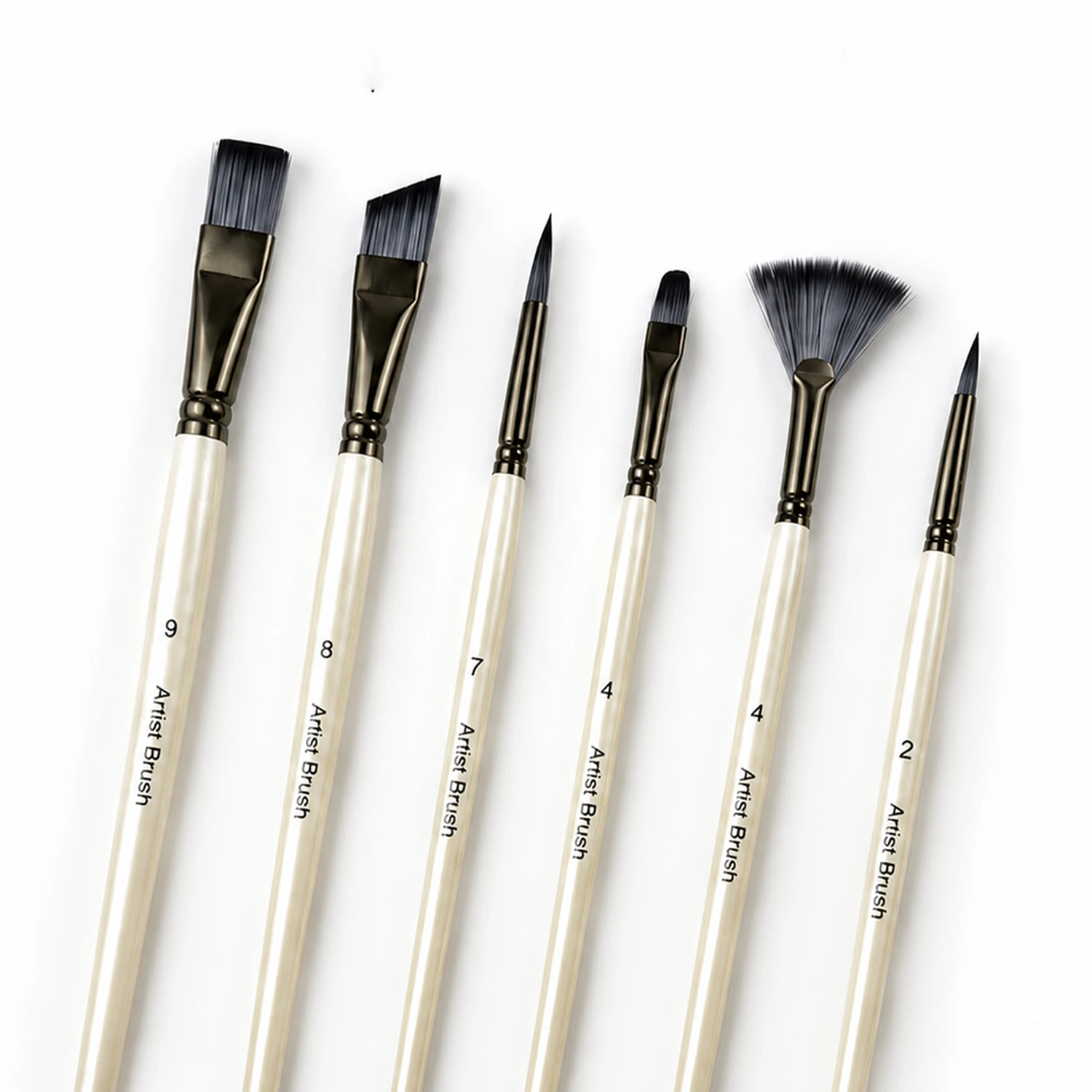 6PCS Artist Brushes Set 6 Shapes Flat Angled Round Filbert Fan Detail for Watercolor Acrylic Gouache Oil Painting Supplies