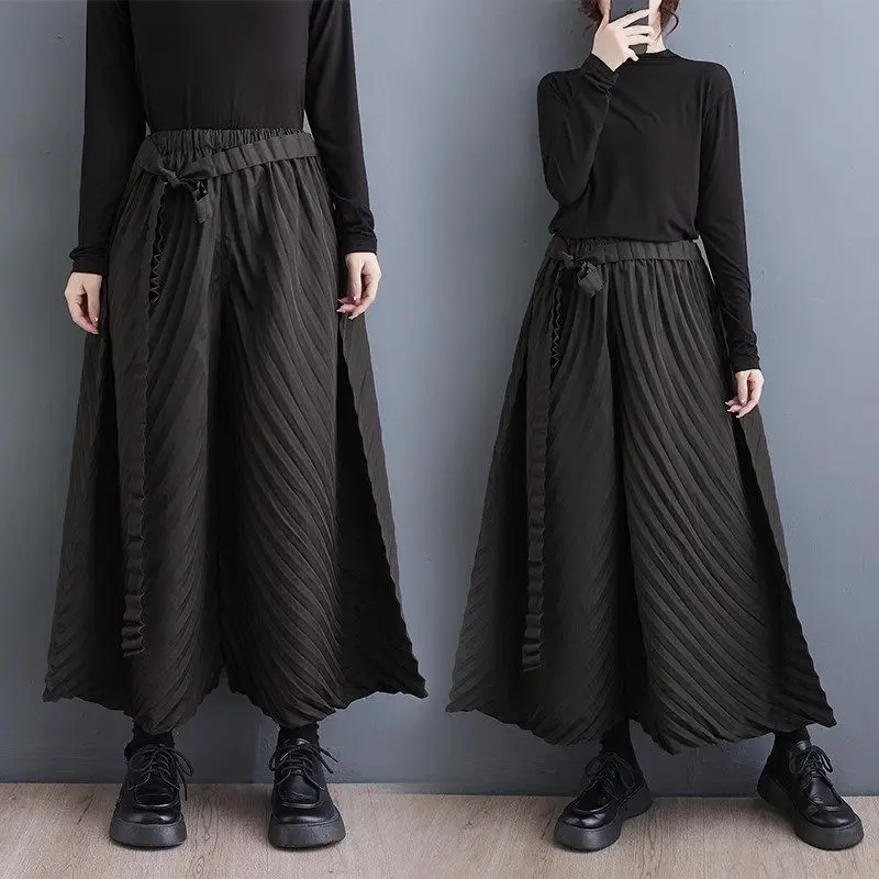 

2024 Spring/Summer Women's Skirt Versatile Wrinkled Loose Large Size Wide Leg Pants Fashiona Slim Trousers Skirt Culotte Z4443