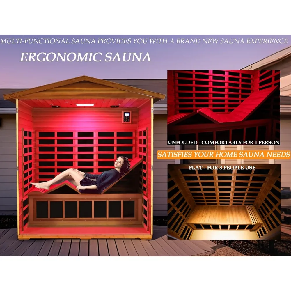 Sauna extérieur infrarouge lointain rouge 93.Ultra faible EMF, 3 hypothèques avec siège ergonomique, lampe beauté mi-IR, 1950 W, 7 infrarouge carbone