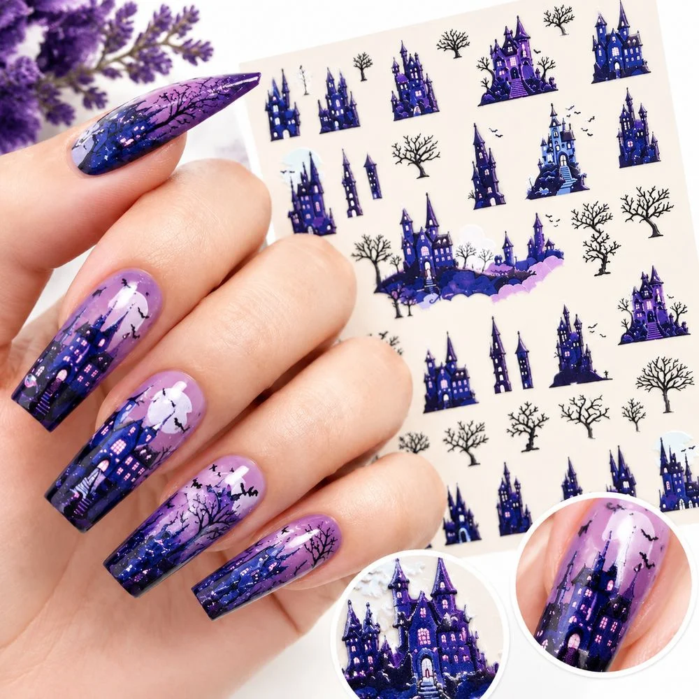 Scratch Resistant 5D Halloween Nail Sticker Embossed Castle Bat Durable Adhesive Nail Decal for Long Wear DIY Manicure Daily Use