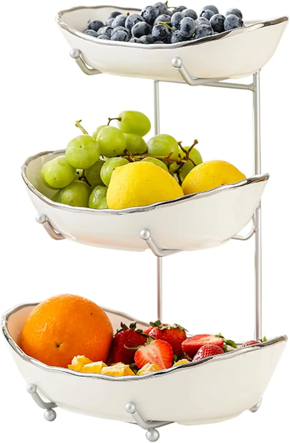 

3-Tier Ceramic Fruit Bowl with Metal Stand for Kitchen Counter, Snack, Cake Display