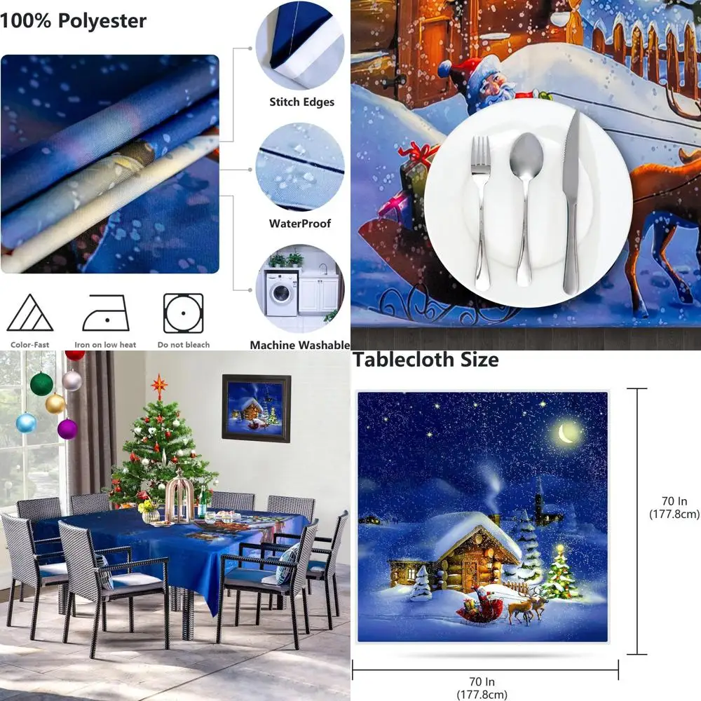 

Colorful 70x70 Christmas & New Year Tablecloth with Santa, Sleigh, and Snow for Family Gatherings