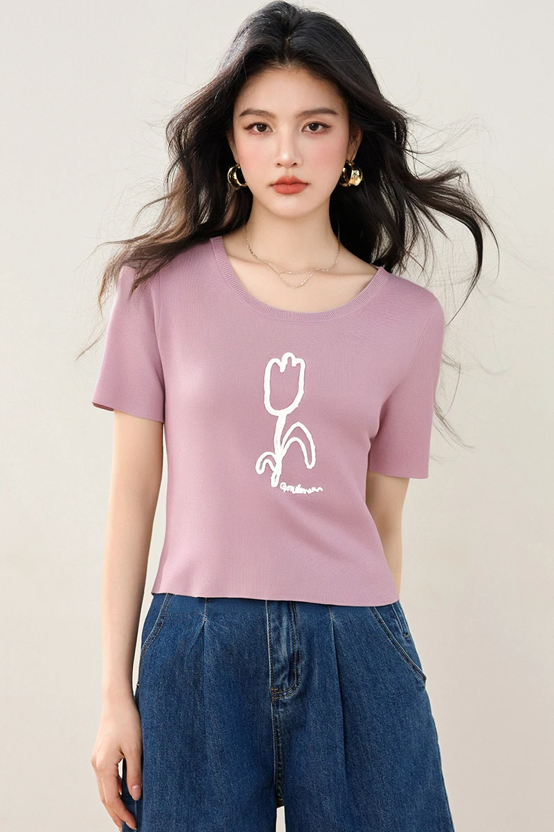 2025 الصيف ثلاثية الأبعاد زهرة التوليب الصوف تمتد سليم صالح قصيرة الأكمام الجولة الرقبة متماسكة سترة المرأة بلايز