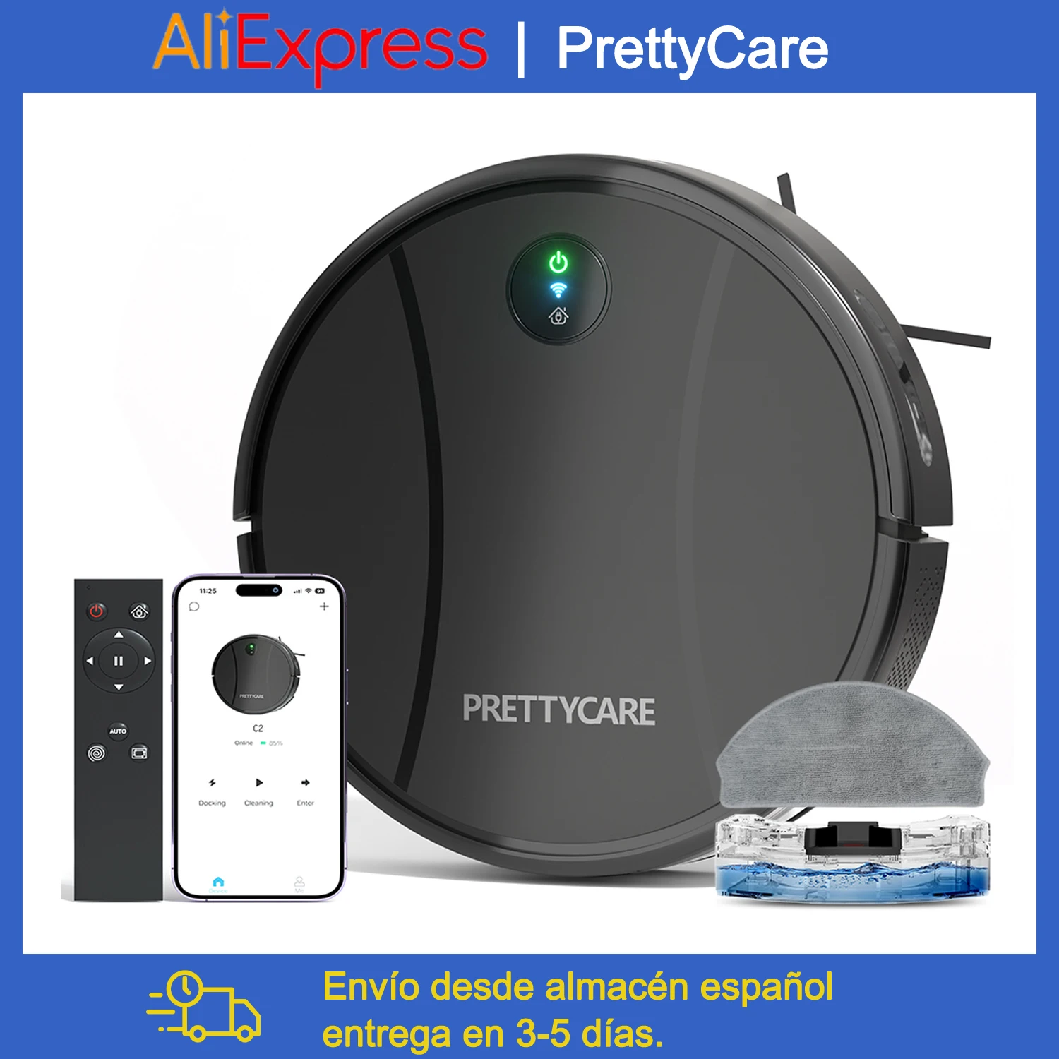 PrettyCare C2 Robot Aspirador y Fregona de Piso, Succión 5000Pa, Robot Aspirador con Auto Carpet Boost, Alexa/WiFi/App