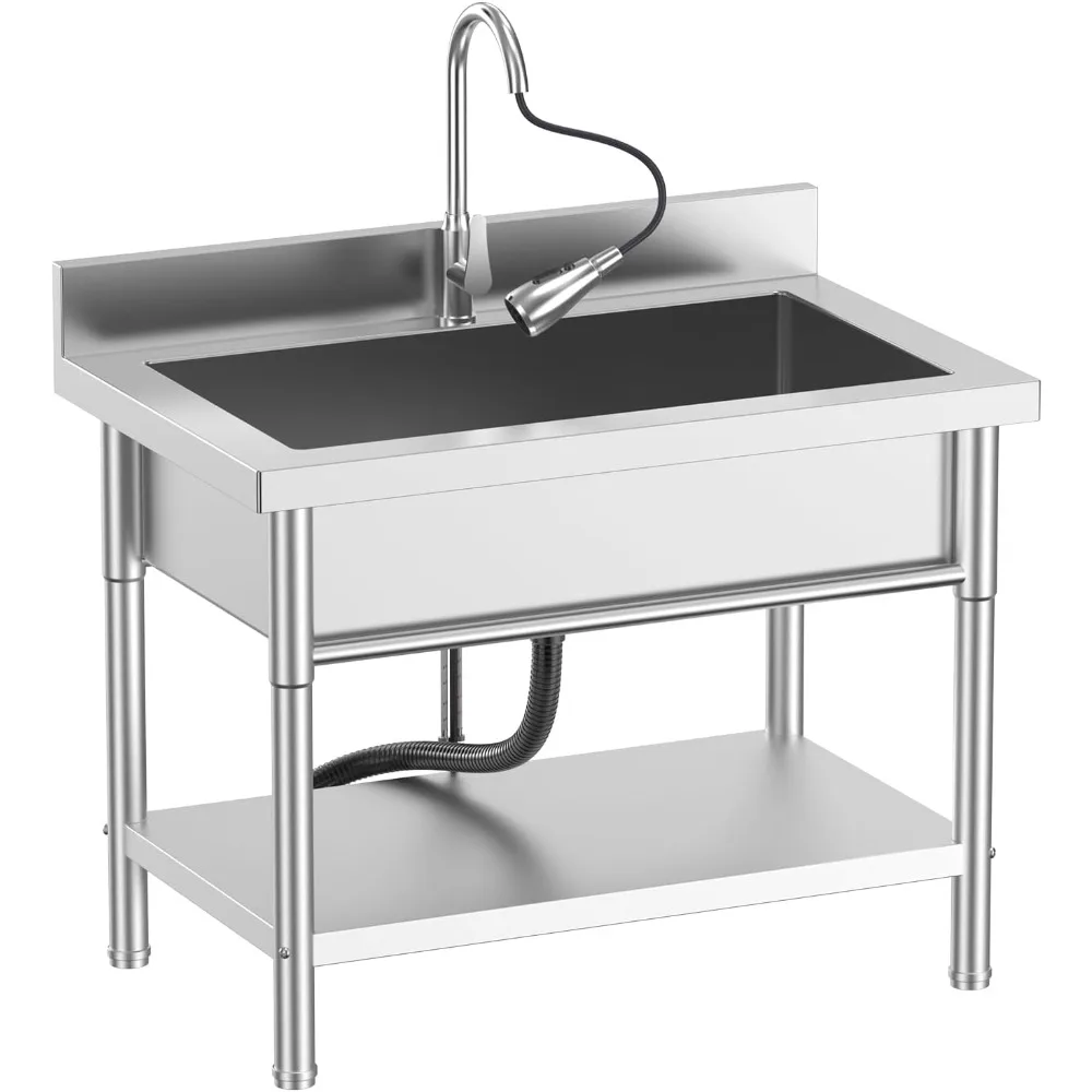 

Универсальная мойка из нержавеющей стали, отдельно стоящая раковина 39,5 x 23,6 x 31,5 дюйма с выдвижным смесителем для холодной и горячей воды, шлангами и сливом