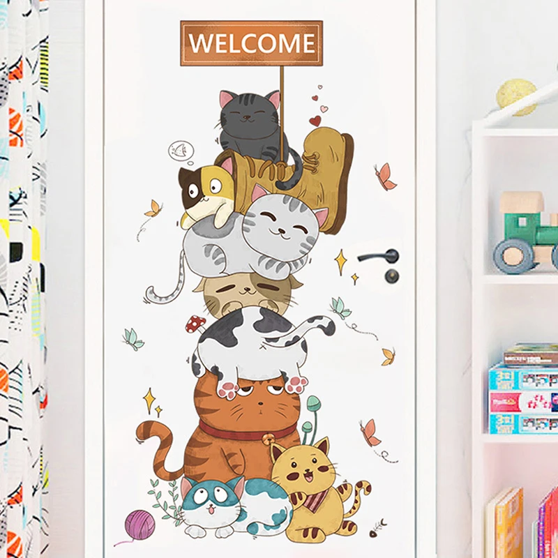 Nordic Cartoon Naughty Cat Pyramid Wall Stickers Children's Room Wall Decoration Self-adhesive Paintings Room Decor Aesthetic