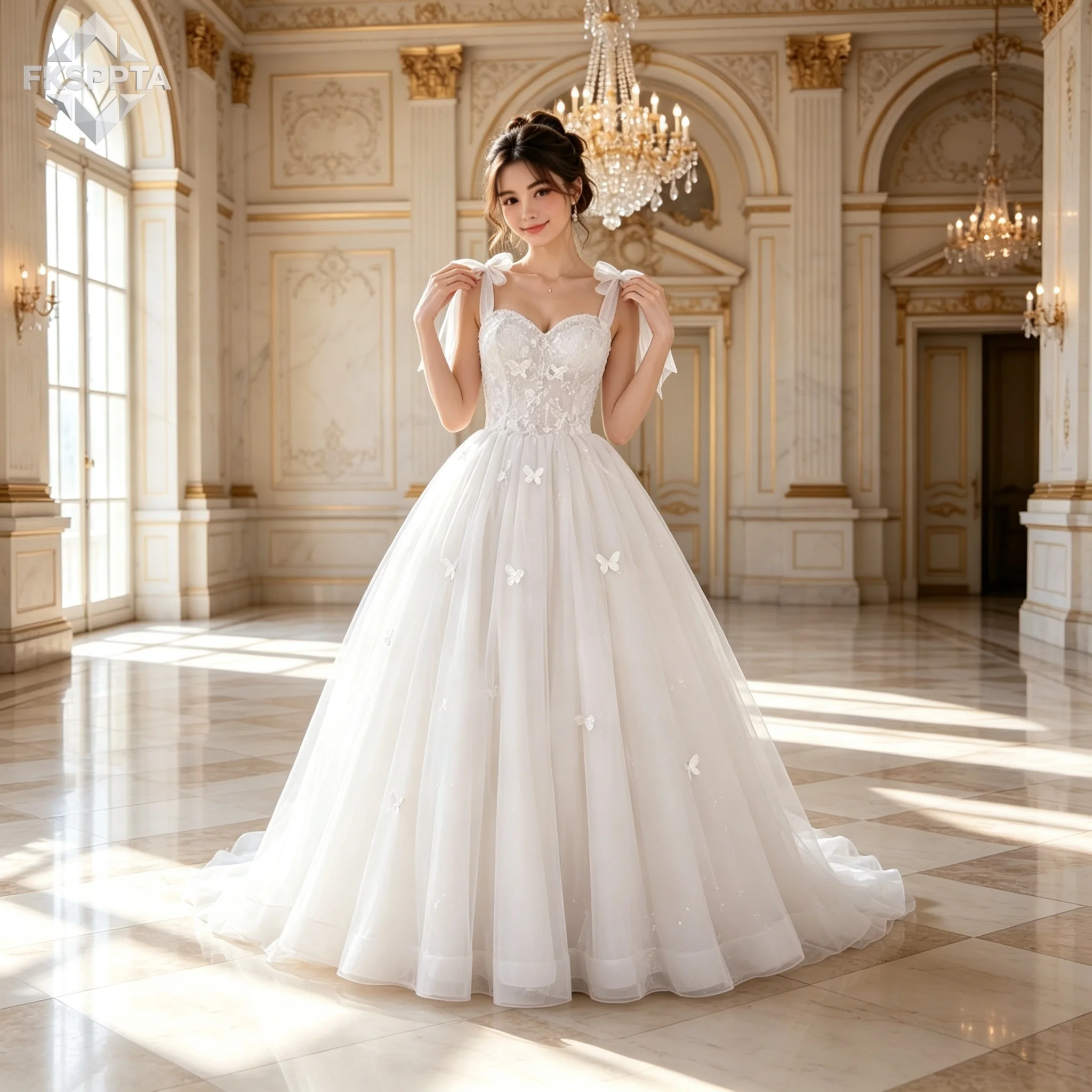 Lovely Long Tulle Wedding Dress Bows Straps A Line Butterfly Lace Up Back 2026 New Wedding Gowns For Birde Plus Size