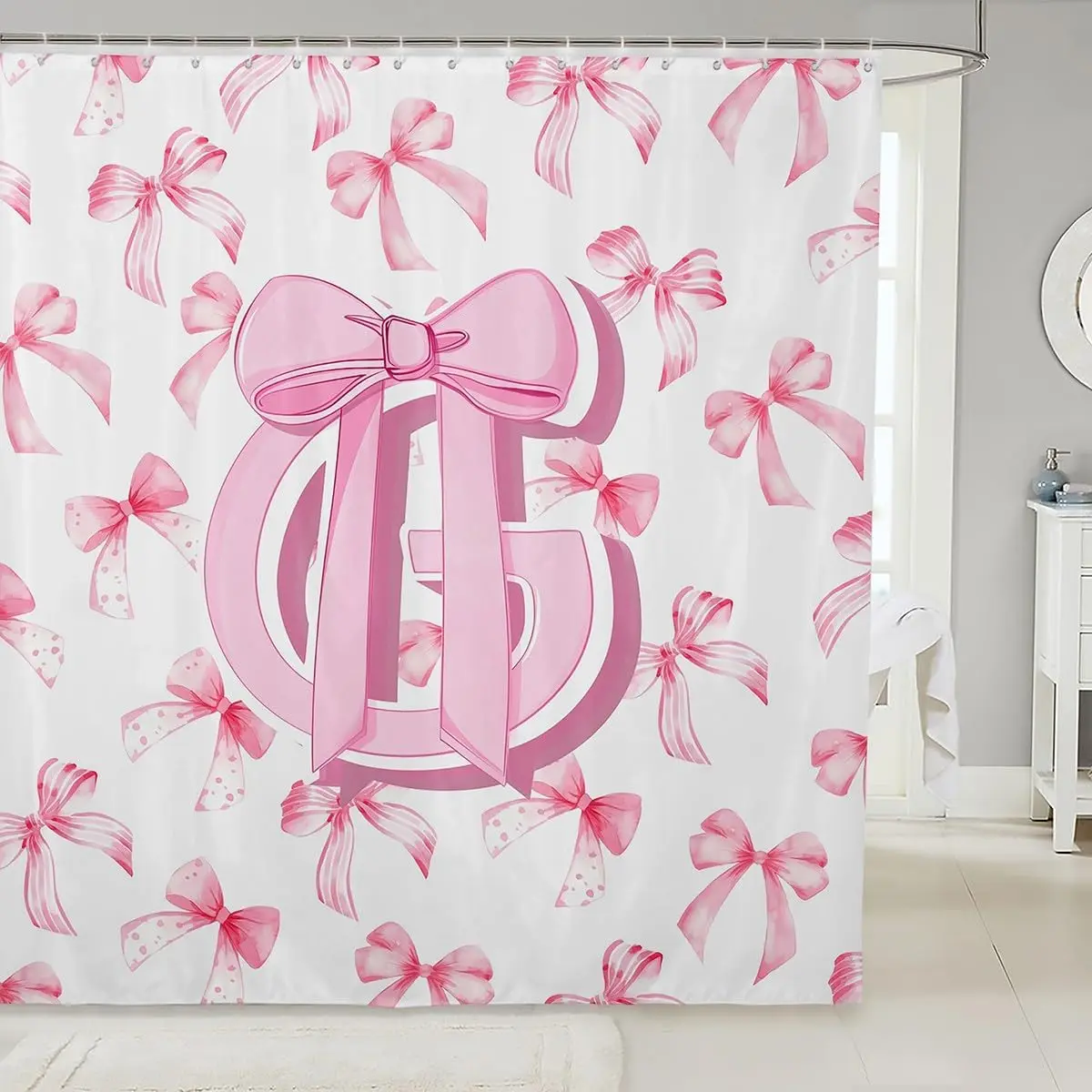 

Pink Bow Letter G Monogram Pattern Cute Bathroom Shower Curtain Fabric Coquette Bow Knot Bathroom Accessories Modern Fashion