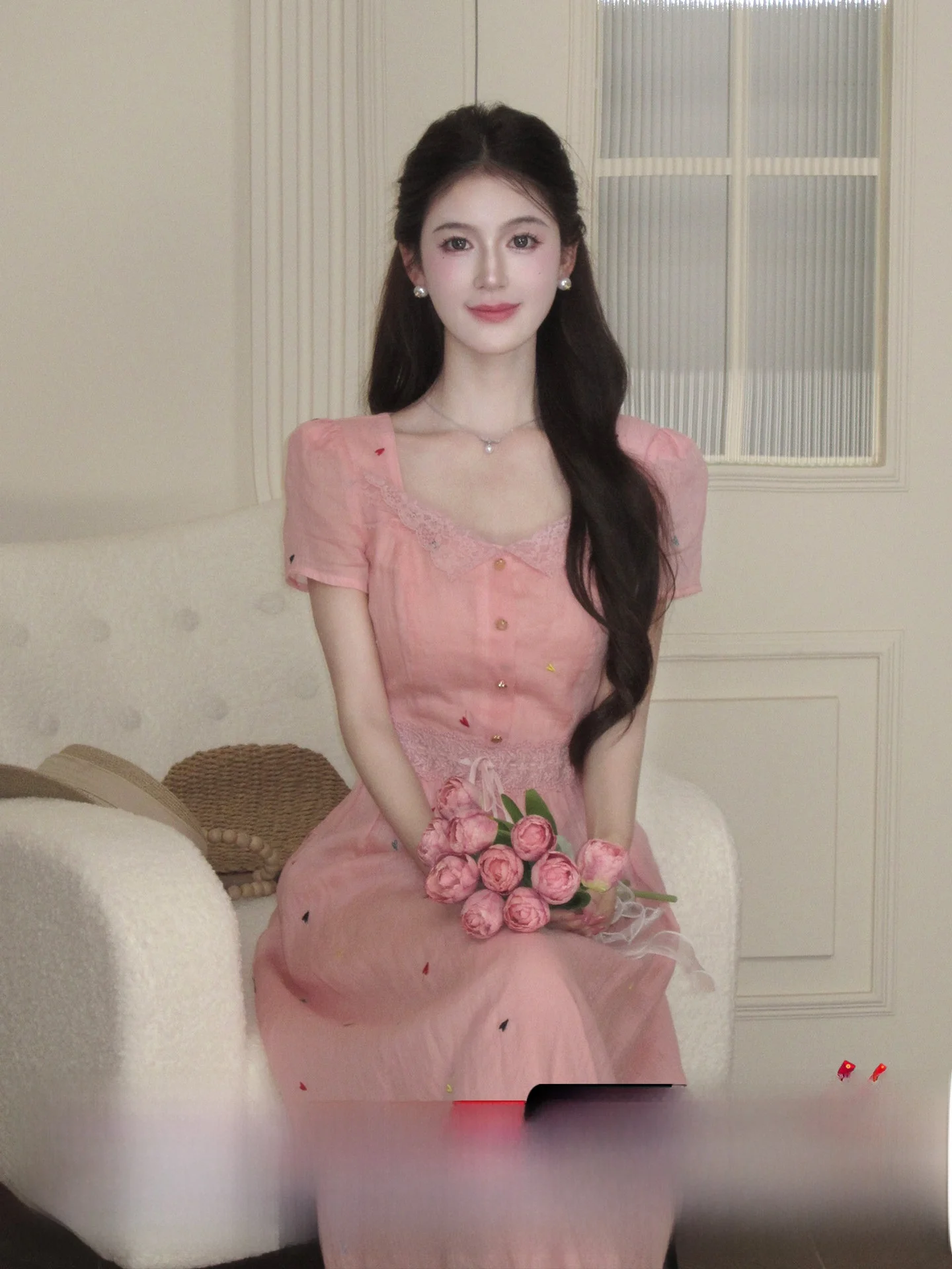 

Lili Sweet Girl Sle Long Dr Summer Flax Love Embroidery Dr French Sle High Waist A-Line Skirt ort Sve Zipper Ba