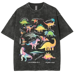 Color Cartoon Dinosaur Print Ladies T-Shirt Oversized Loose Wash Solid Color Short Sleeve American Retro Casual Fashion Top 2024