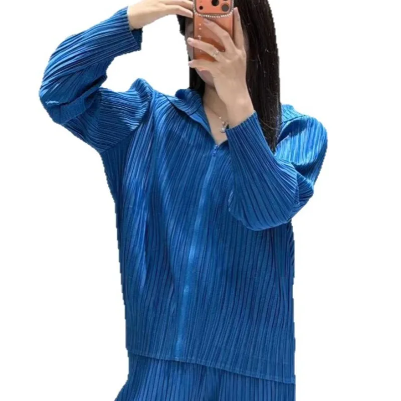 Miyake Pleated Pants Set Plisse Women 2026 Autumn Hooded Pullover Fold Zipper Top Harem Pants Casual Loose Commuter 2-Piece Set