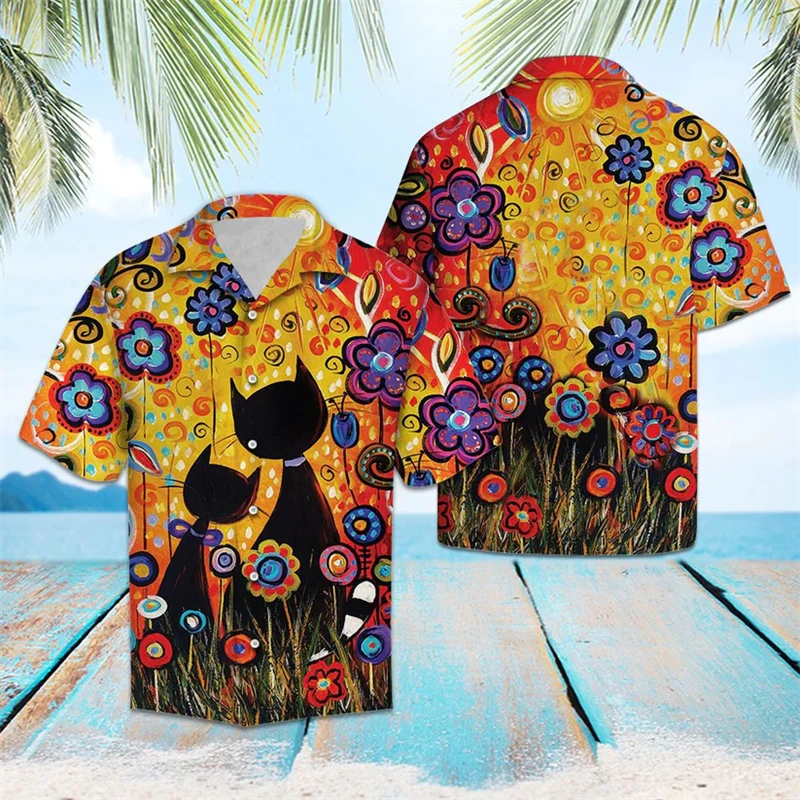 

Funny Black Cat Pattern Hawaiian Shirts Summer Casual Holiday Vacation 3D Printed Cat Lover Shirt Loose Breathable Lapel Blouse