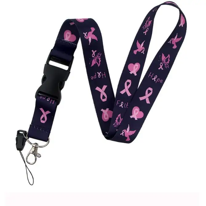 1 قطعة سلامة سرطان الثدي الوعي الوردي الشريط سحر الرقبة حزام الحبل للهاتف المحمول معرف اسم شارة حامل مفاتيح حلقة معدنية #2