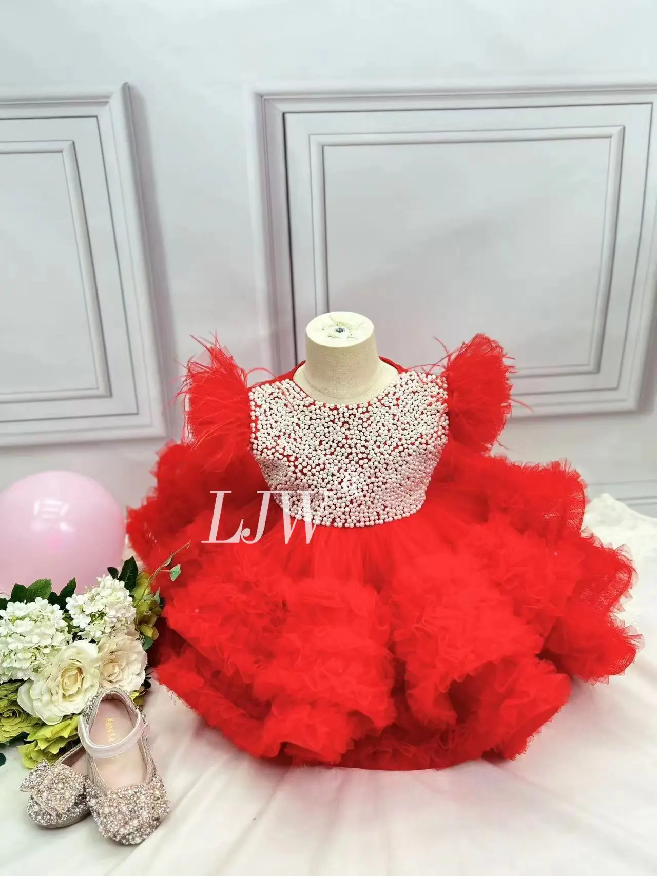 0-12 Year Old Baby Pearl Feather Birthday Party Fluffy Evening Dress  formal first year Christmas costume wedding fluffy princes