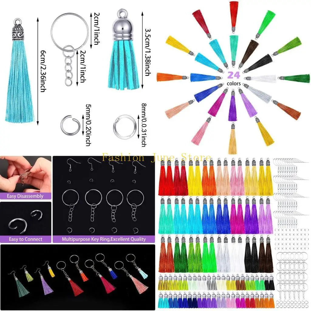 N5KA 288 Pieces Keychain Tassel Earrings Making Set Including Colorful Leather Tassels Earring Hooks Keyrings and Jump Rings