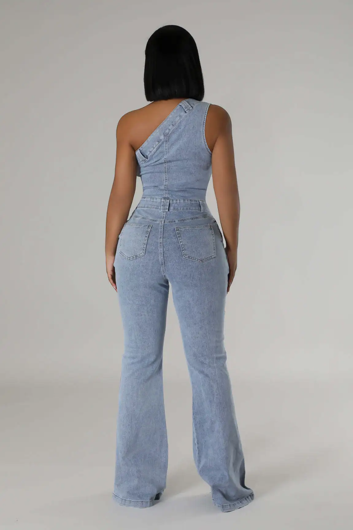 Summer Women Casual Diagonal Shoulder Tight Waist Slim Stretch Denim Romper Jumpsuit Streetwear Flared Pants Jeans Jumpsuit