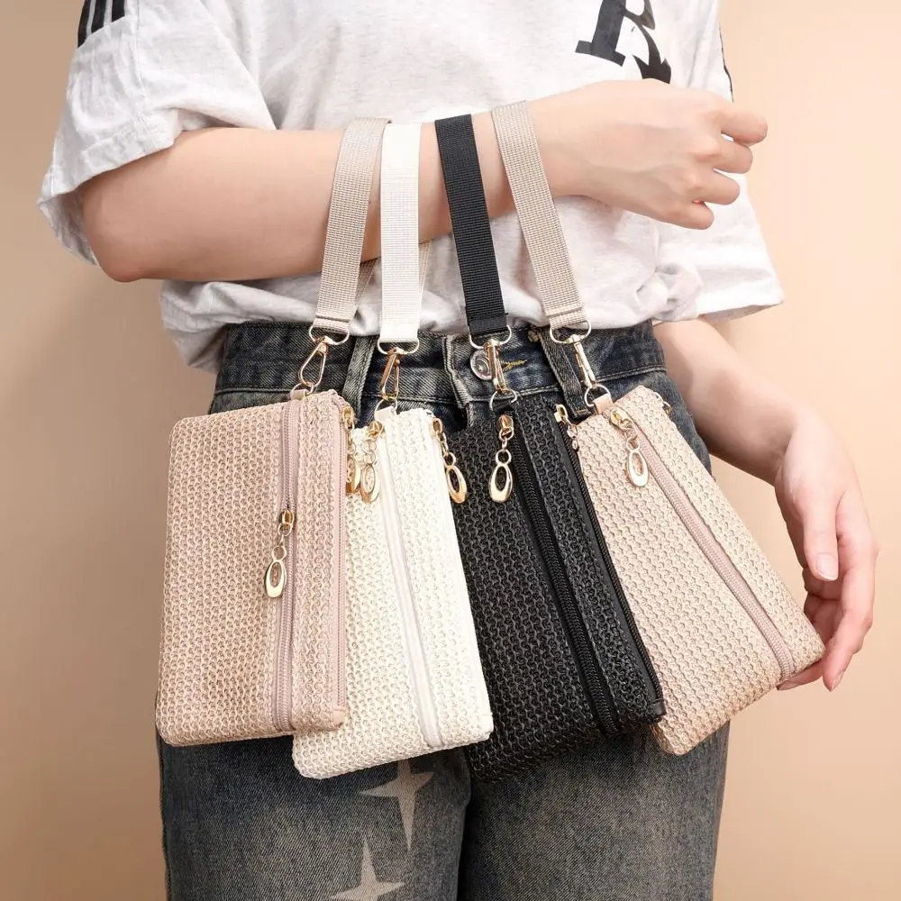 محفظة لطيفة من القش صغيرة بسحاب مزدوج للعملات المعدنية، حقيبة تغيير للسيدات والفتيات