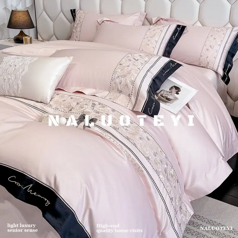 Yjq pure cotton four-piece light luxury flower embroidery cotton quilt cover bed sheet bedding