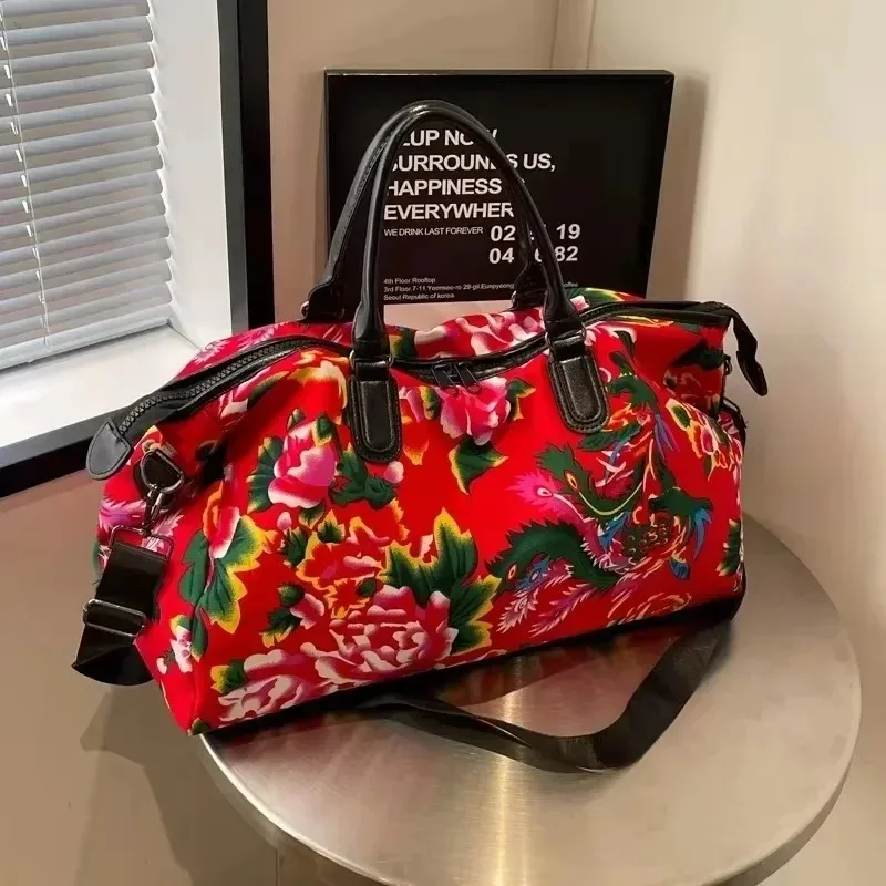 

Chinese Northeast Style Flower Women's Handheld Travel Bag 2025 New Retro Trend Large Capacity Single Shoulder Travel Bag