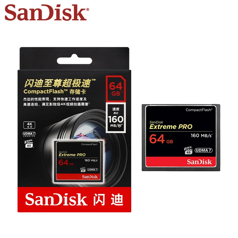 Original SanDisk Extreme Pro 4K Video CompactFlash Memory Card 64GB 128GB VPG65 UDMA 7 CF card for DSLR or camcorder Max 160Mb/s