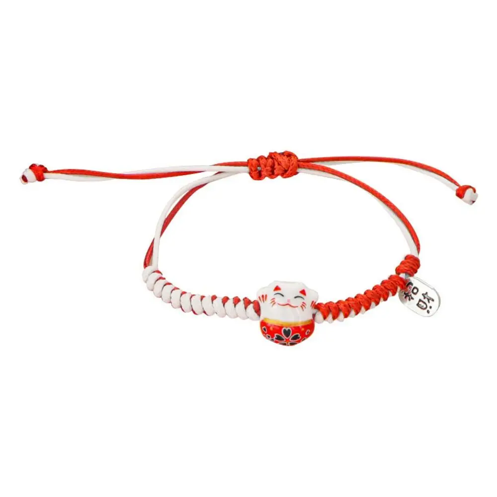 Pulsera Maneki Neko con Colgante de Gato de Cerámica Único, Hecha a Mano con Cuerda Trenzada Roja y Hilo Encerado Bicolor, Anillo de Mano para Mujer, Regalos