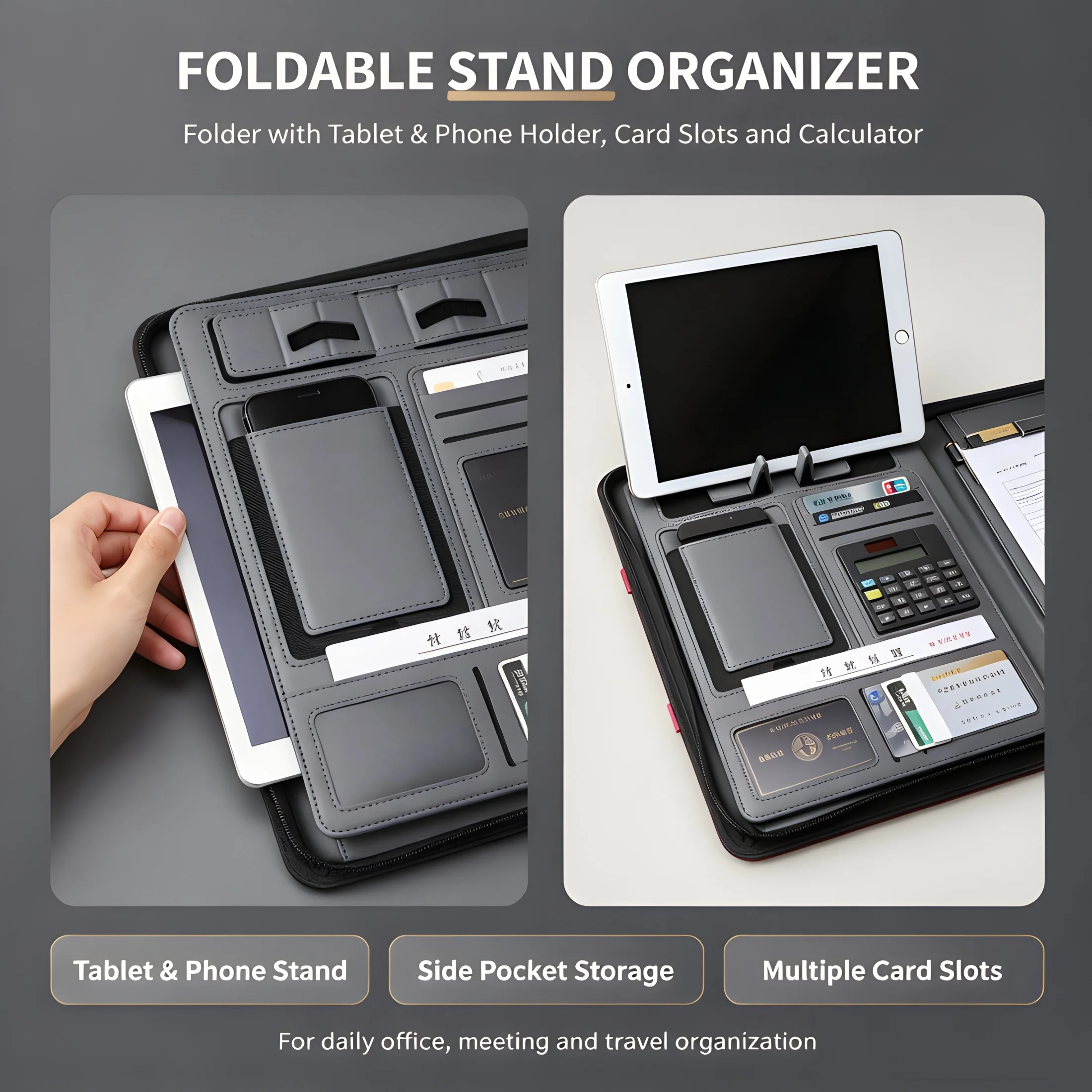 Multifunctional Business Folder for Office Travel with Built-in Calculator Tablet Stand Card Slots And Notepad