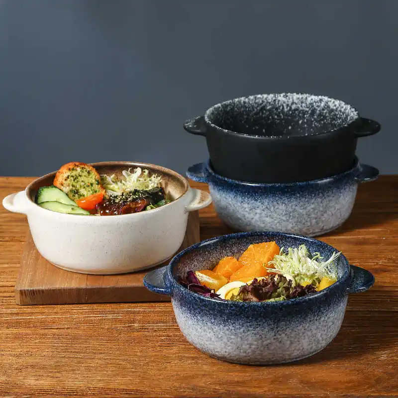 900ml Japanese Ceramic Double Ear Soup Bowl With Lid Instant Noodles Large Bowl  Salad Pasta Soup Pot Tableware Microwave Oven