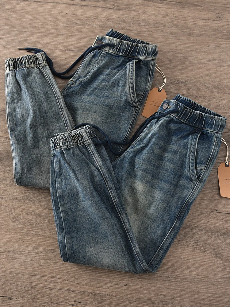 

Retro Washed Cotton Denim Jeans Men's Heavyweight Elastic Waist Casual Pants Youth Trendy Long Trousers Autumn Season