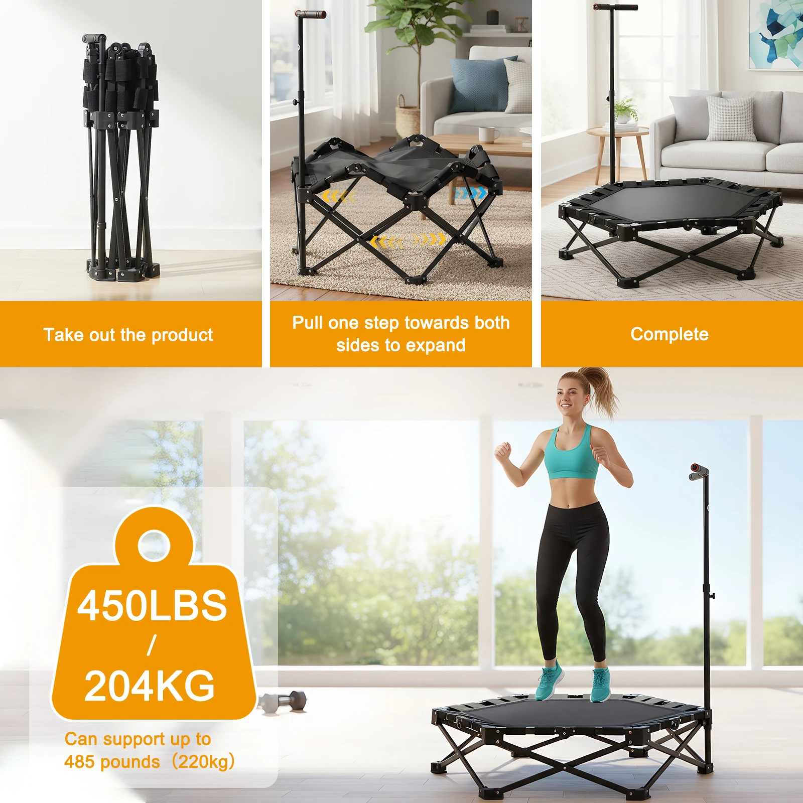 

42in Foldable Mini Trampoline 450lbs Max Load Fitness Trampoline with Adjustable T-Bar Handle for Indoor Outdoor Home Gym