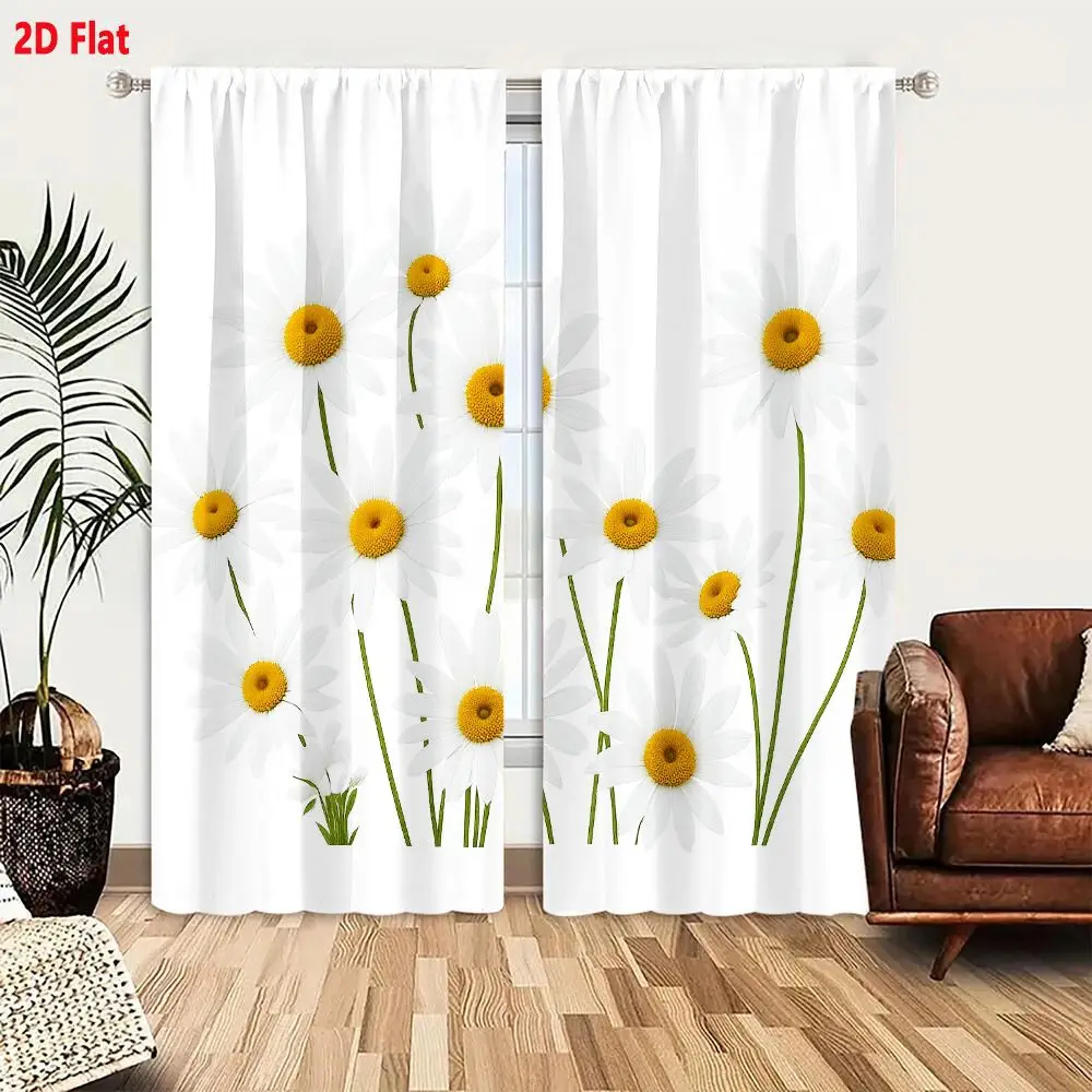 2Pcs Curtains 2D Flat Daisy Flowers With White Petals And Yellow Centers On Plain Background Window Drapes for Bedroom Room Deco