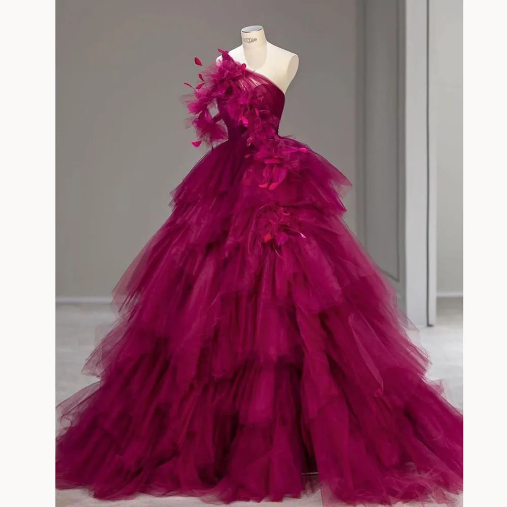 Real Image Fuchsia Tierred Tulle Long Evening Dresses With Handmade Flower And Feather Details One Shoulder Tutu Wedding Dress