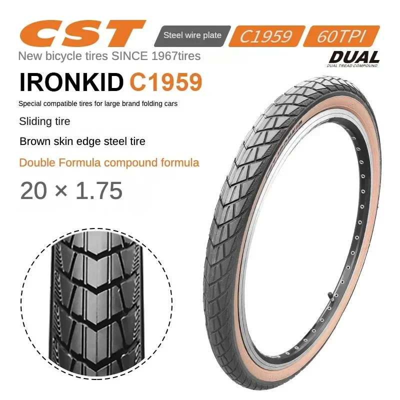 CST Zhengxin Bicycle Tire Folding Bicycle Outer Tire Tyre of Steel Wire 20*1.75 Brown Retro Yellow Edge Tire C1959