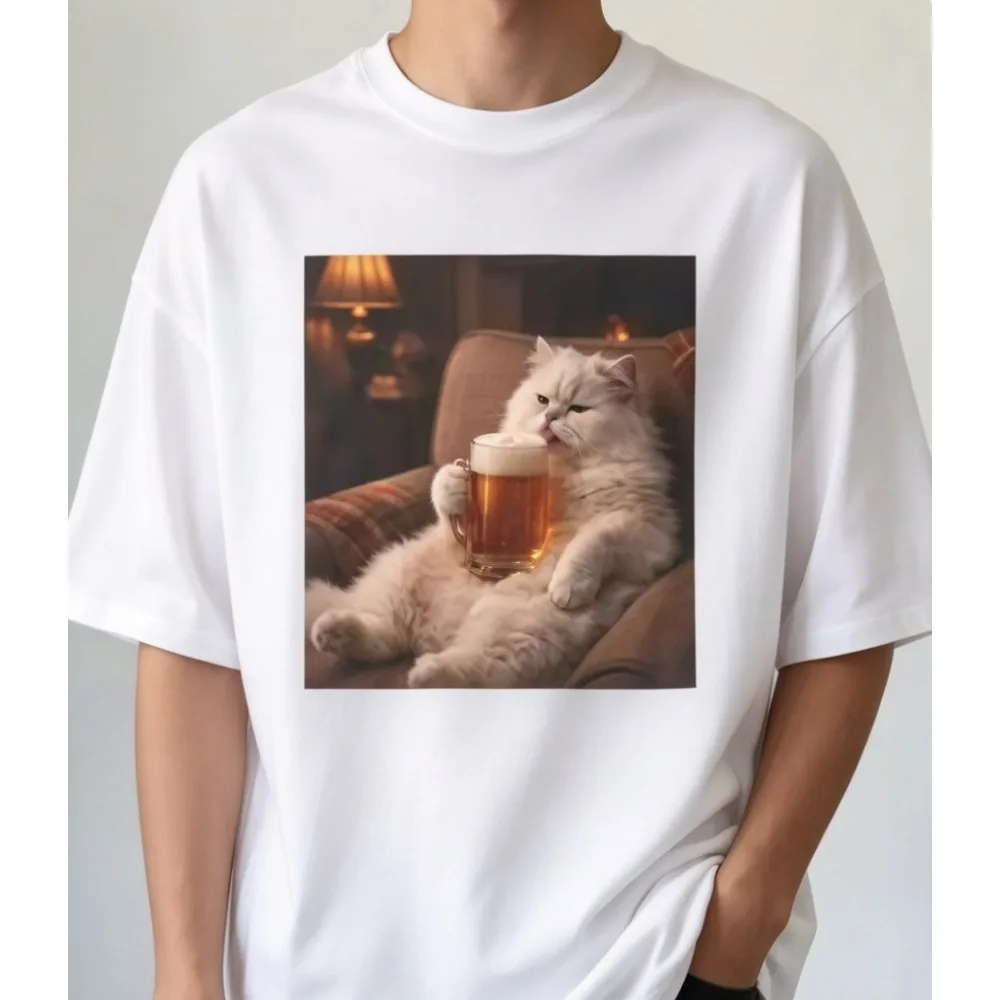 Funny Cat Drinking Beer Couch Short Sleeves T-Shirt Cool Aesthetic Humor Relax Casual Streetwear Graphic Tee Top Y2k Gothic